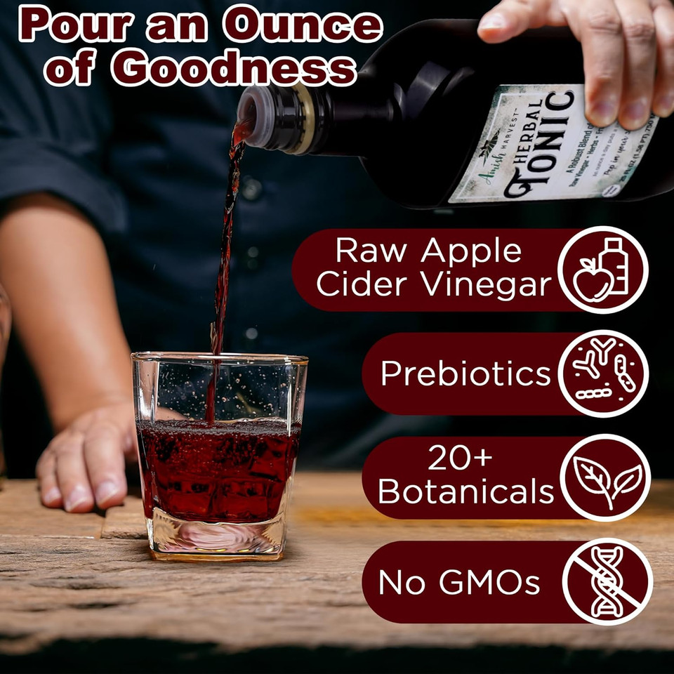 Sipping Apple Cider Vinegar Tonic  1-Pack Of Amish Harvest Elixir With 25 Herbs & Juices Like Wildcrafted Apple Cider Vinegar With Mother & Elderberry  Can Aid Immune & Digestive Health 25 Oz