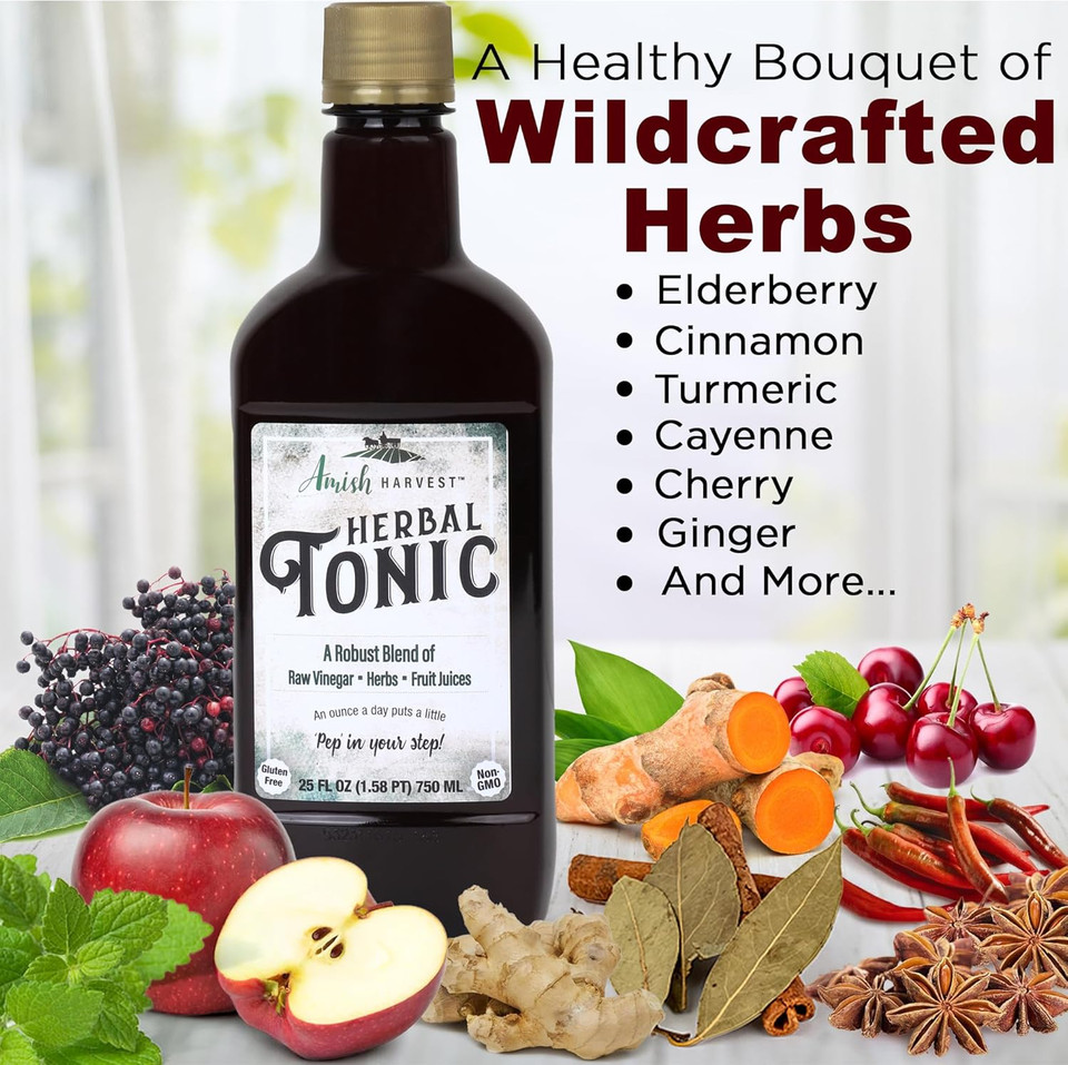 Sipping Apple Cider Vinegar Tonic  1-Pack Of Amish Harvest Elixir With 25 Herbs & Juices Like Wildcrafted Apple Cider Vinegar With Mother & Elderberry  Can Aid Immune & Digestive Health 25 Oz
