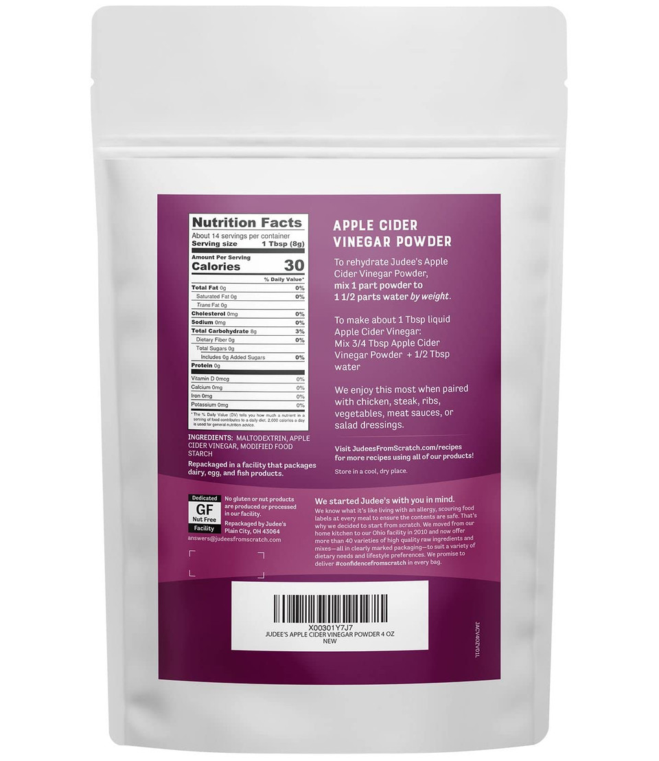 Judee'S Apple Cider Vinegar Powder 4 Oz - Gluten-Free And Nut-Free - Keto-Friendly And Great For Baking And Cooking - Add To Marinades, Glazes, Dry Rubs, And More