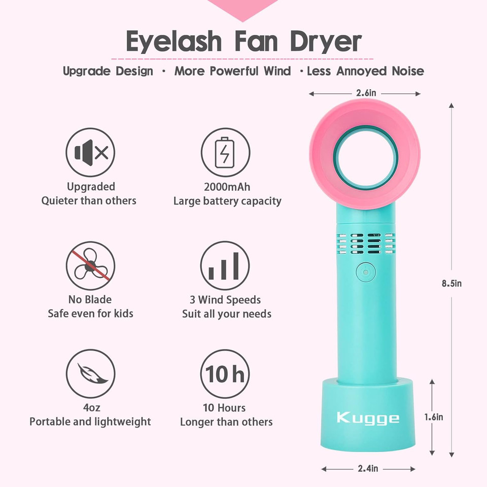 Kugge Bladeless Mini Eyelash Fan Dryer, Portable 2000Mah Usb Rechargeable Handheld Lash Fan Dryer For Eyelash Extensions (Green)Green
