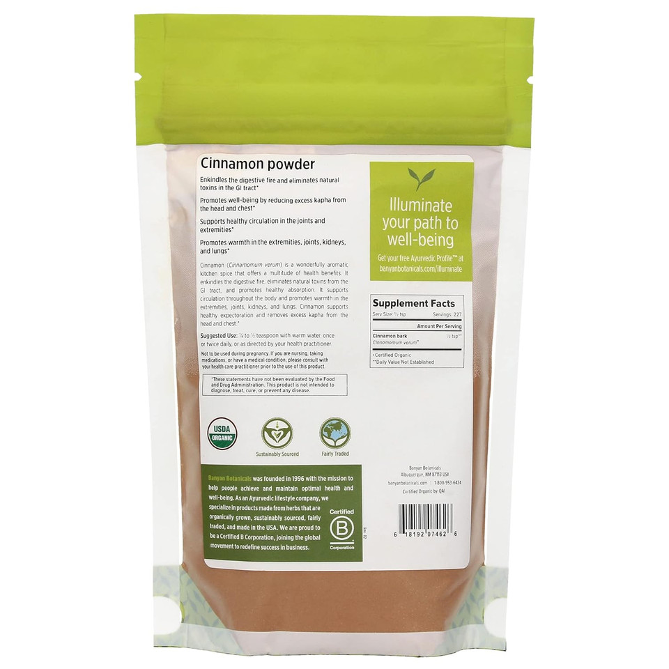 Banyan Botanicals Organic Ground Cinnamon Powder  Cinnamomum Verum  Delicious Cooking Spice That Supports Healthy Digestion, Circulation & More*  1/2 Lb.  Non-Gmo Sustainably Sourced Vegan Ffl