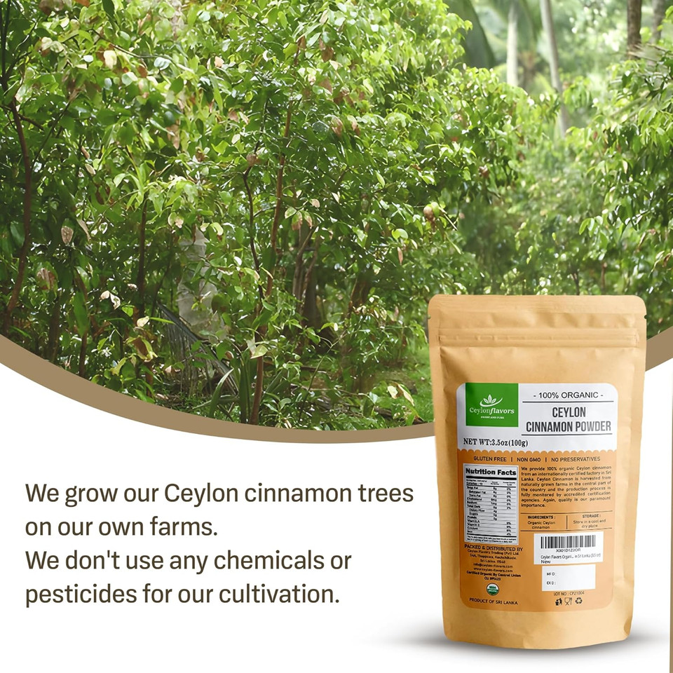 Ceylon Flavors Organic Ceylon Cinnamon Powder, Premium Special Grade, Non Gmo, Harvested From A Usda Certified Organic Farm In Sri Lanka (3.5 Oz)
