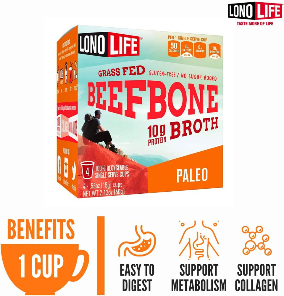 Lonolife Beef Bone Broth Powder Mix | Grass-Fed, 10G Protein | Collagen-Rich, Keto & Paleo Friendly | Natural Ingredients | 10 Single-Serve Cups