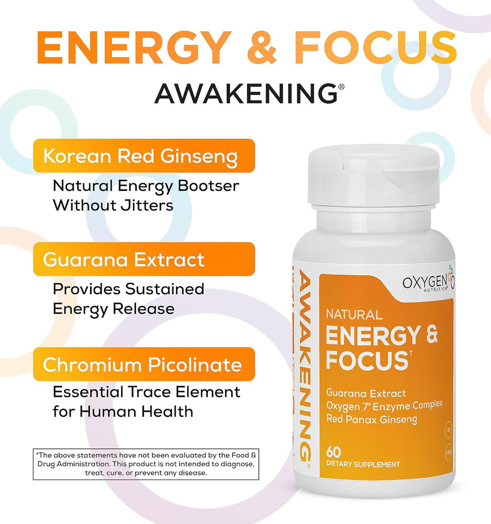 Awakening Natural Energy & Focus Nootropic Supplement With Panax Ginseng, Guarana Extract & Chromium Picolinate | Brain Supplement For Focus, Energy, Mood & Clarity | Gluten Free Veggie, Usa - 60 Caps