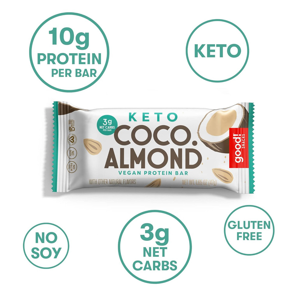 Good! Snacks Keto Vegan Protein Bars, Coconut Almond, Gluten Free Keto Snack Bar, Low Carb, Low Sugar Meal Replacement, High Protein Healthy Snacks, 10G Protein, 3G Net Carbs, 12 Bars