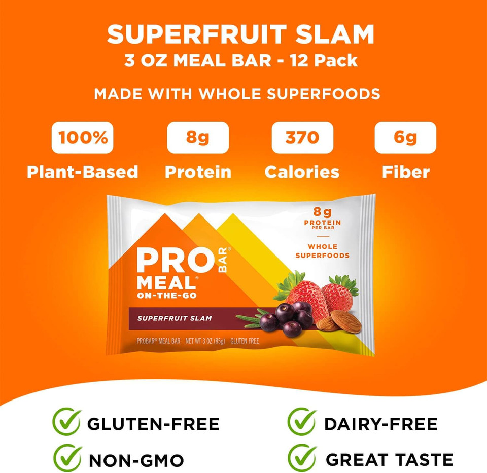 Probar - Meal Bar, Superfruit Slam, Non-Gmo, Gluten-Free, Healthy, Plant-Based, Whole-Food Ingredients, Natural Energy (12 Count)