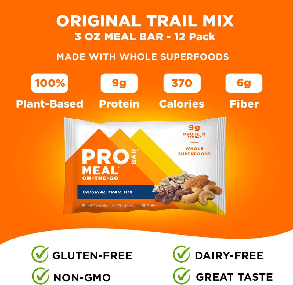 Probar - Meal Bar, Original Trail Mix, Non-Gmo, Gluten-Free, Healthy, Plant-Based, Whole-Food Ingredients, Natural Energy (12 Count)