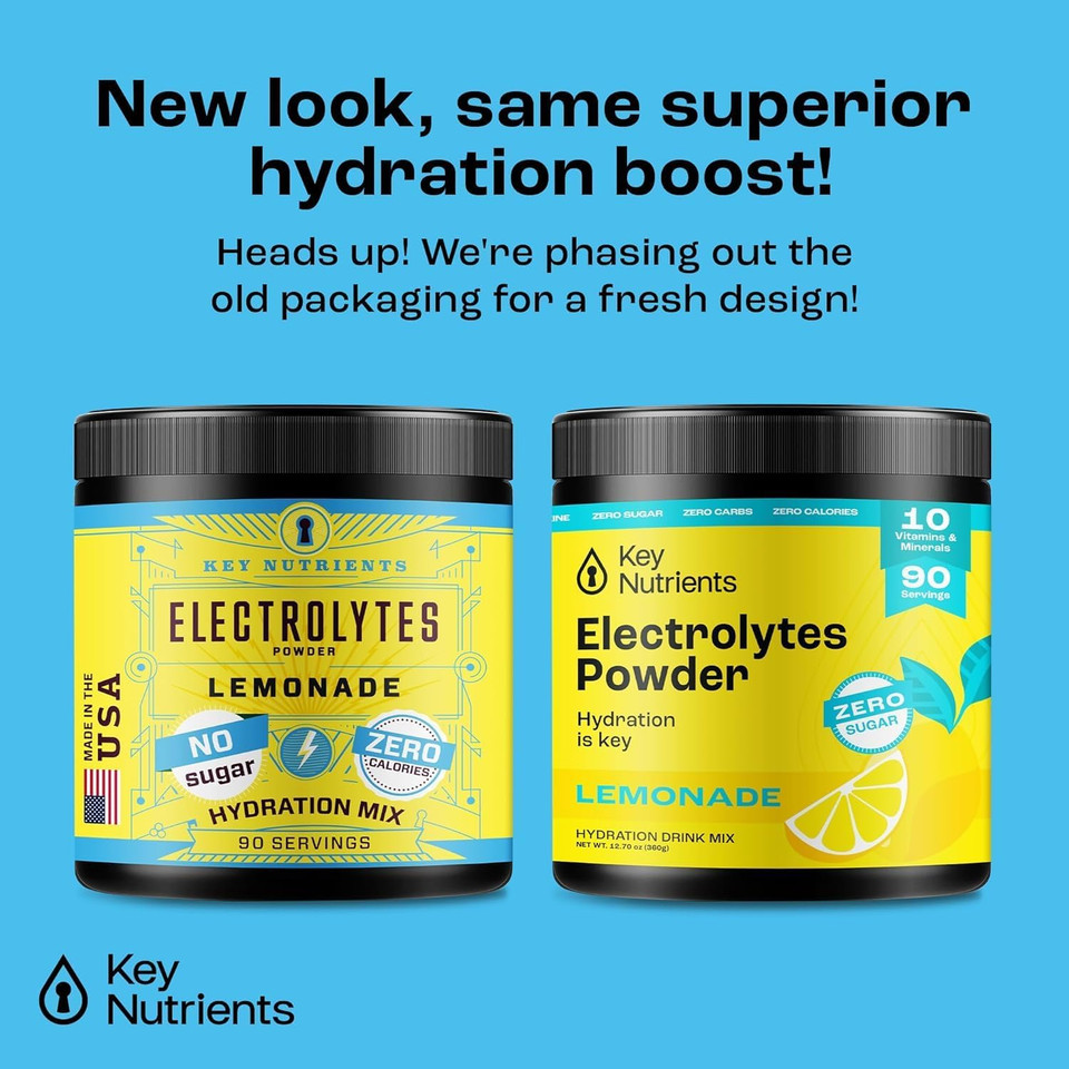 Key Nutrients Multivitamin Electrolytes Powder No Sugar - Refreshing Lemonade Electrolyte Powder - Sodium & Energy Supplement - Hydration Powder - No Calories - 90 Servings - Made In Usa