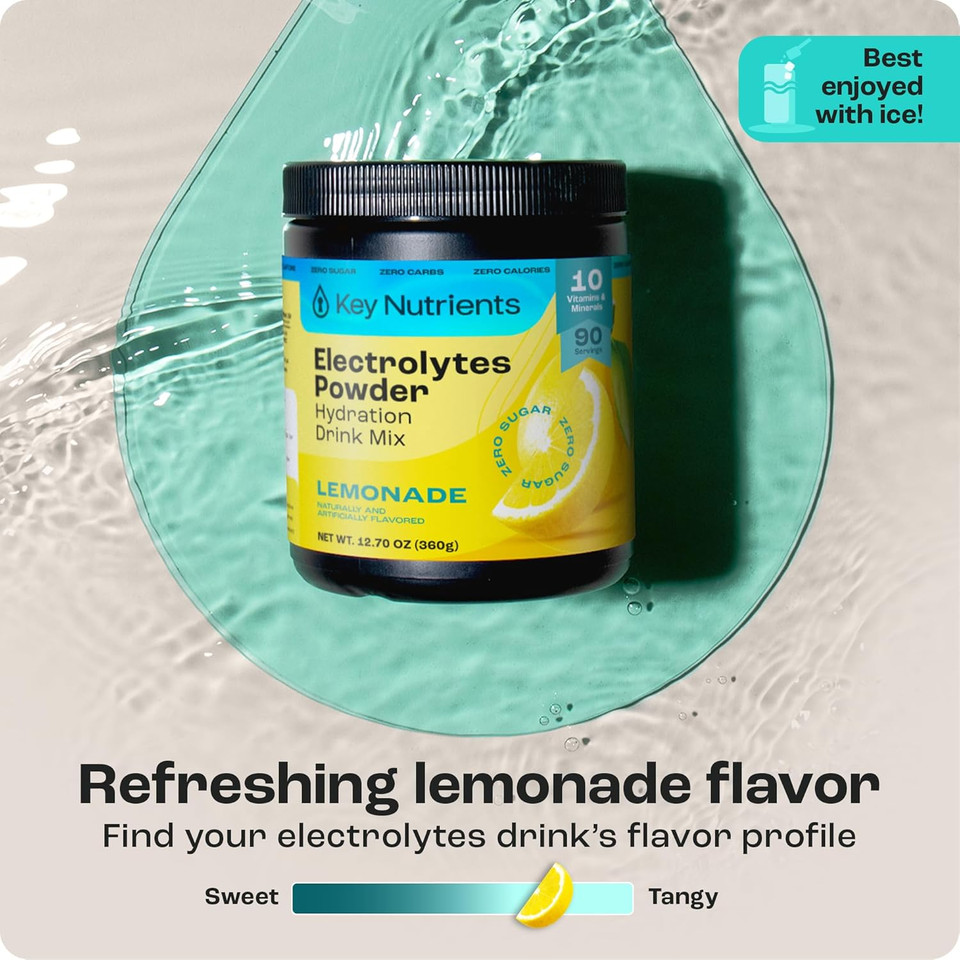 Key Nutrients Multivitamin Electrolytes Powder No Sugar - Refreshing Lemonade Electrolyte Powder - Sodium & Energy Supplement - Hydration Powder - No Calories - 90 Servings - Made In Usa