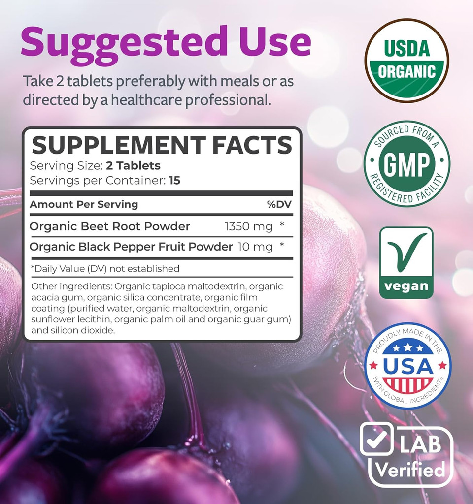 Usda Organic Beet Root Powder (30 Tablets) 1350Mg Beets Per Serving With Black Pepper For Extra Absorption - Super Antioxidant And Nitrate Supplement For Athletic Performance And Stamina- No Capsules