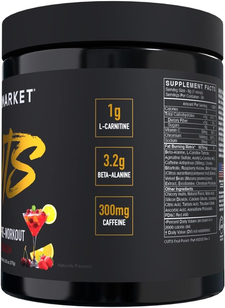 Blackmarket Cuts Pre Workout - Flavored Energy Powdered Drink Mix For Men & Women, Great For Muscle Definition, Thermogenic, Creatine Free, (Peach Ring, 30 Servings)