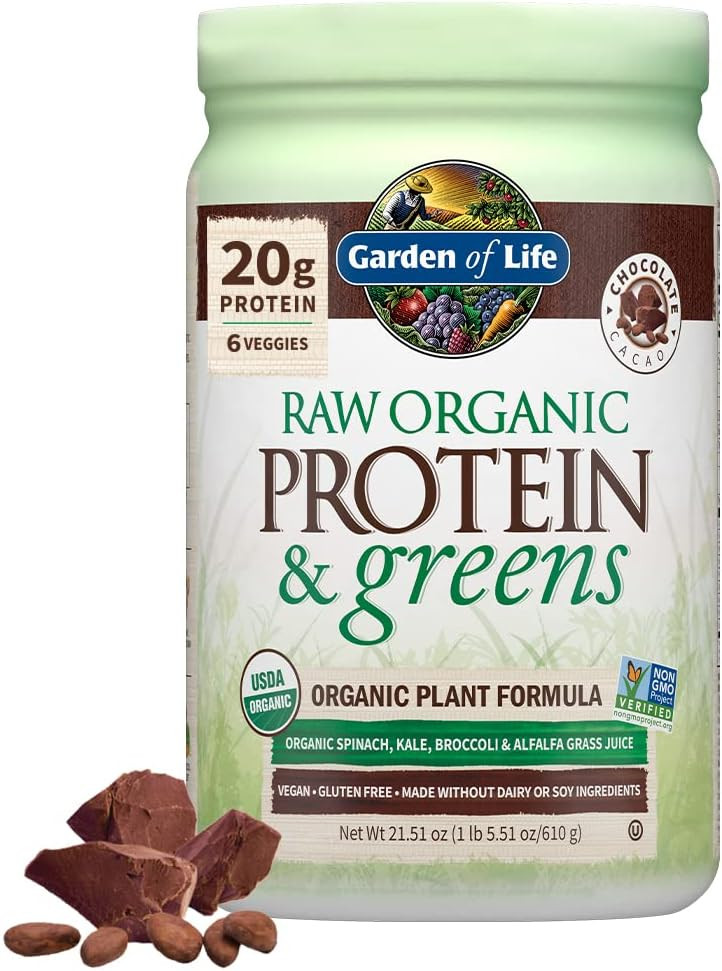 Garden Of Life Raw Organic Protein & Greens - Chocolate - Vegan Protein Powder For Women And Men, Plant Protein, Pea Protein, Greens & Probiotics - Dairy Free, Gluten Free Low Carb Shake, 20 Servings
