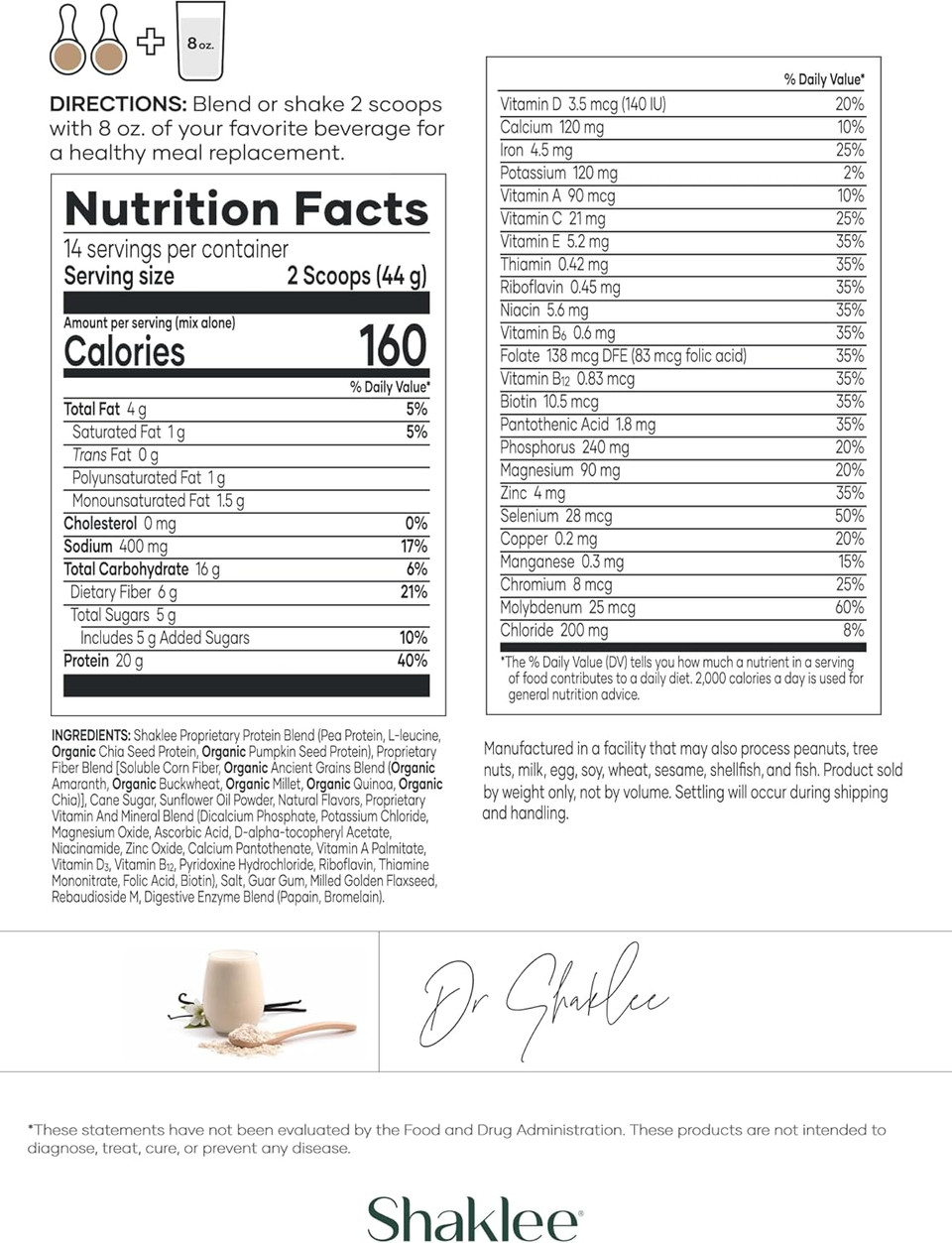Shaklee Life Shakeâ Plant Protein French Vanilla - Complete Meal Replacement With 20G Protein, 6G Fiber, 24 Vitamins & Minerals - Supports Satiety & Healthy Weight - Non-Gmo - 14 Servings