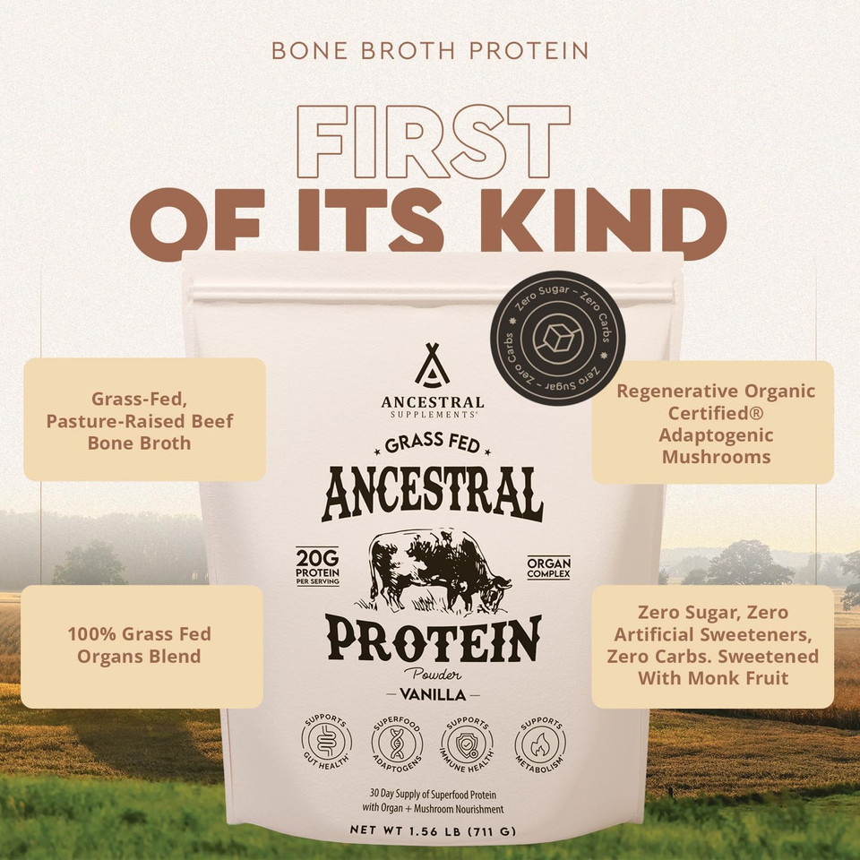 Ancestral Supplements Grass Fed Protein Powder, Vanilla, Beef Bone Broth Based With Beef Organs & Organic Mushrooms, Gut Health Support, High Protein Supplement, 20G Protein Per Serving, 30 Day Supply