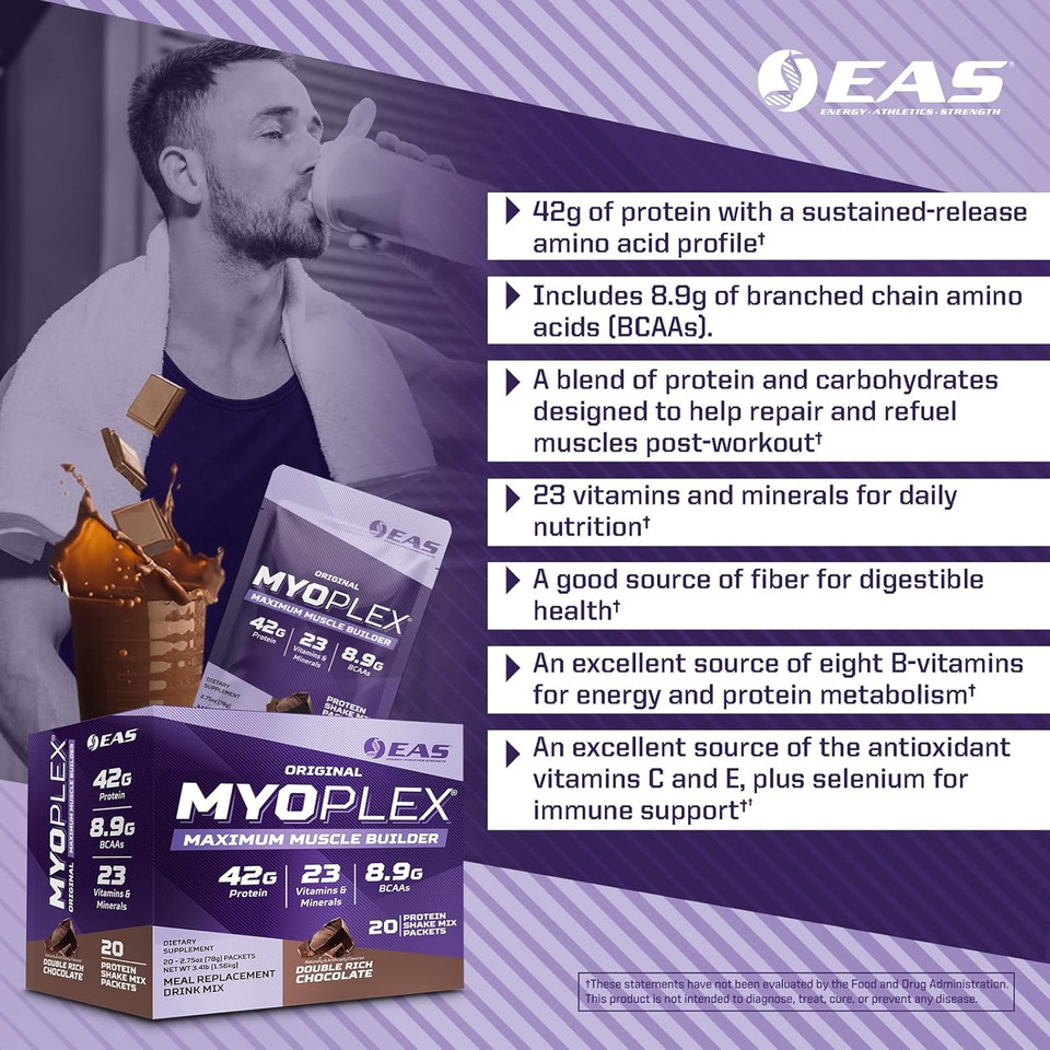 Original Myoplex Maximum Muscle Builder | Meal Replacement Protein Drink Mix | Quality Protein Blend | 42G Protein | 20 Individual Packets (Double Rich Chocolate)