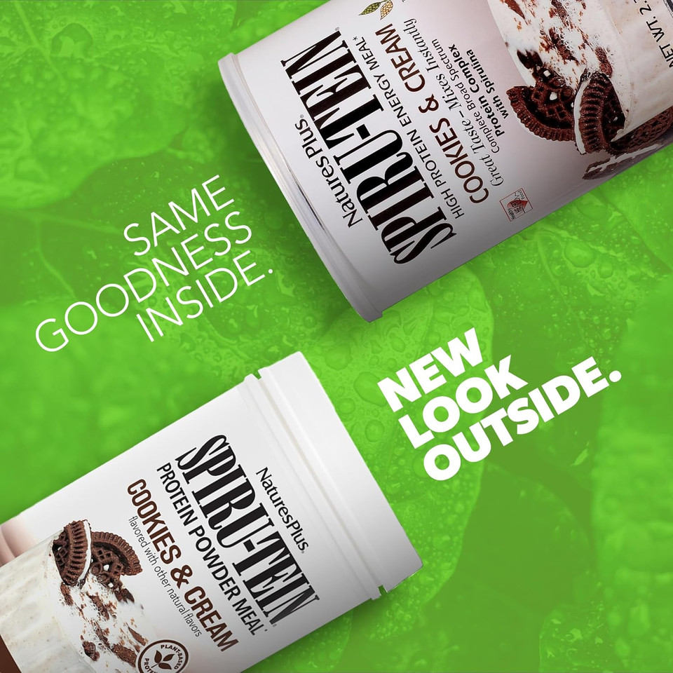 Natures Plus Spiru-Tein Shake - Cookies & Cream - 2.3 Lbs, Spirulina Protein Powder - Plant Based Meal Replacement, Vitamins & Minerals For Energy - Vegetarian - 30 Servings