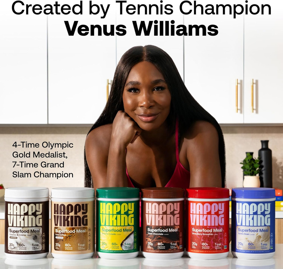 Happy Viking Vanilla Plant Protein Powder, Created By Venus Williams, 20G Protein, Low Carb, Keto, Vegan, Gluten-Free, Non-Gmo, Superfoods, Complete Meal Replacement, 1 Canister (24 Oz.) Happy Viking Vanilla Plant Protein Powder, Created By Venus Williams, 20G Protein, Low Carb, Keto, Vegan, Gluten-Free, Non-Gmo, Superfoods, Complete Meal Replacement, 1 Canister (24 Oz.)