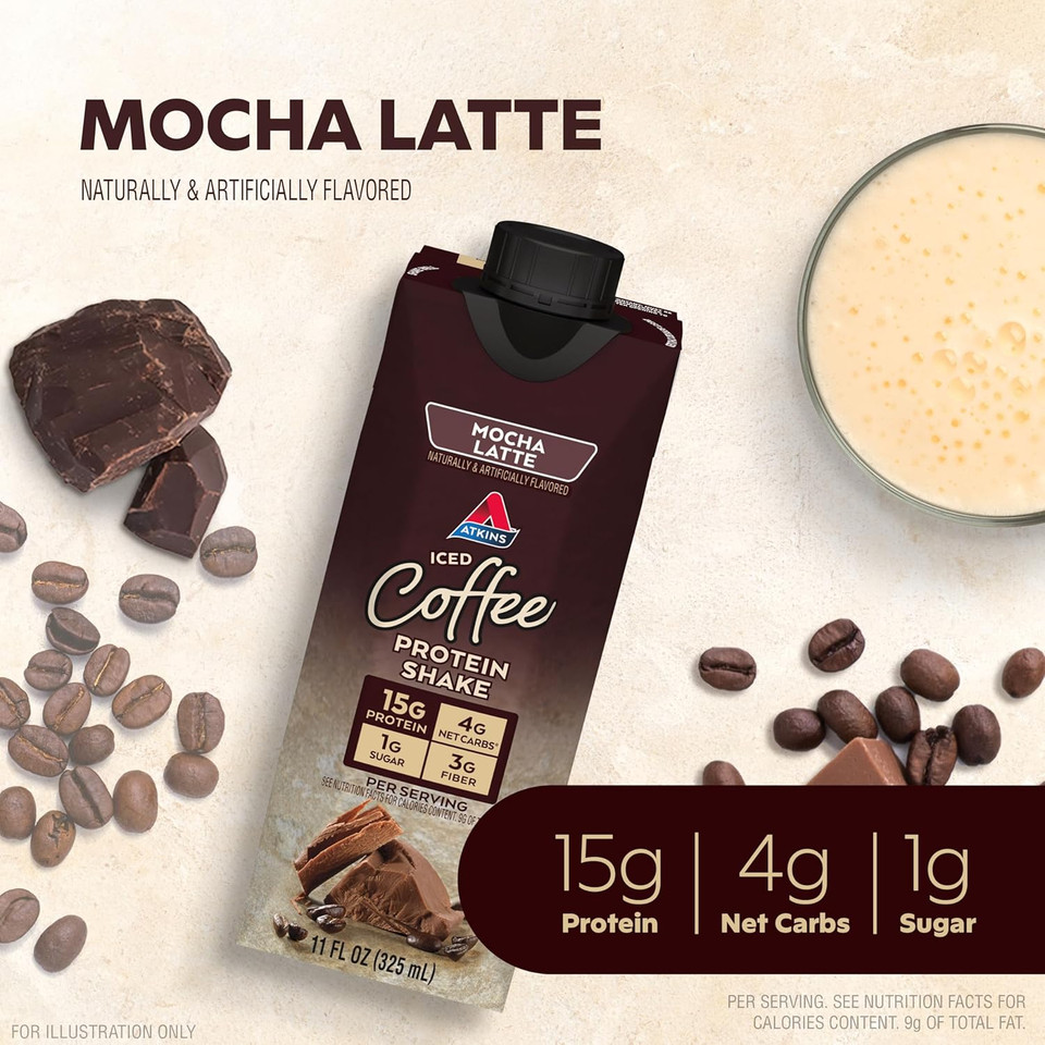 Atkins Mocha Latte Iced Coffee Protein Shake, 15G Protein, Low Glycemic, 4G Net Carb, 1G Sugar, Keto Friendly