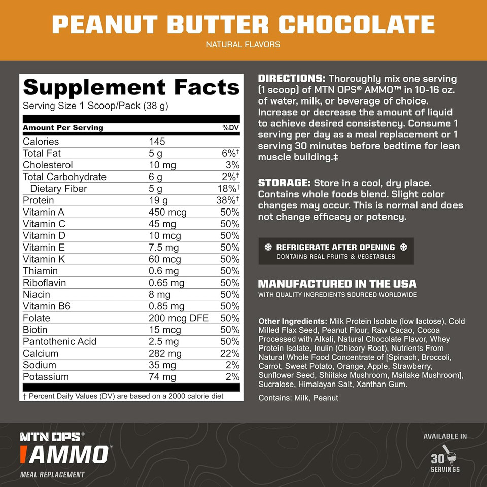 Mtn Ops Ammo Protein Powder Meal Replacement Shake For Lean Muscle Building, 28 Servings, Peanut Butter Chocolate