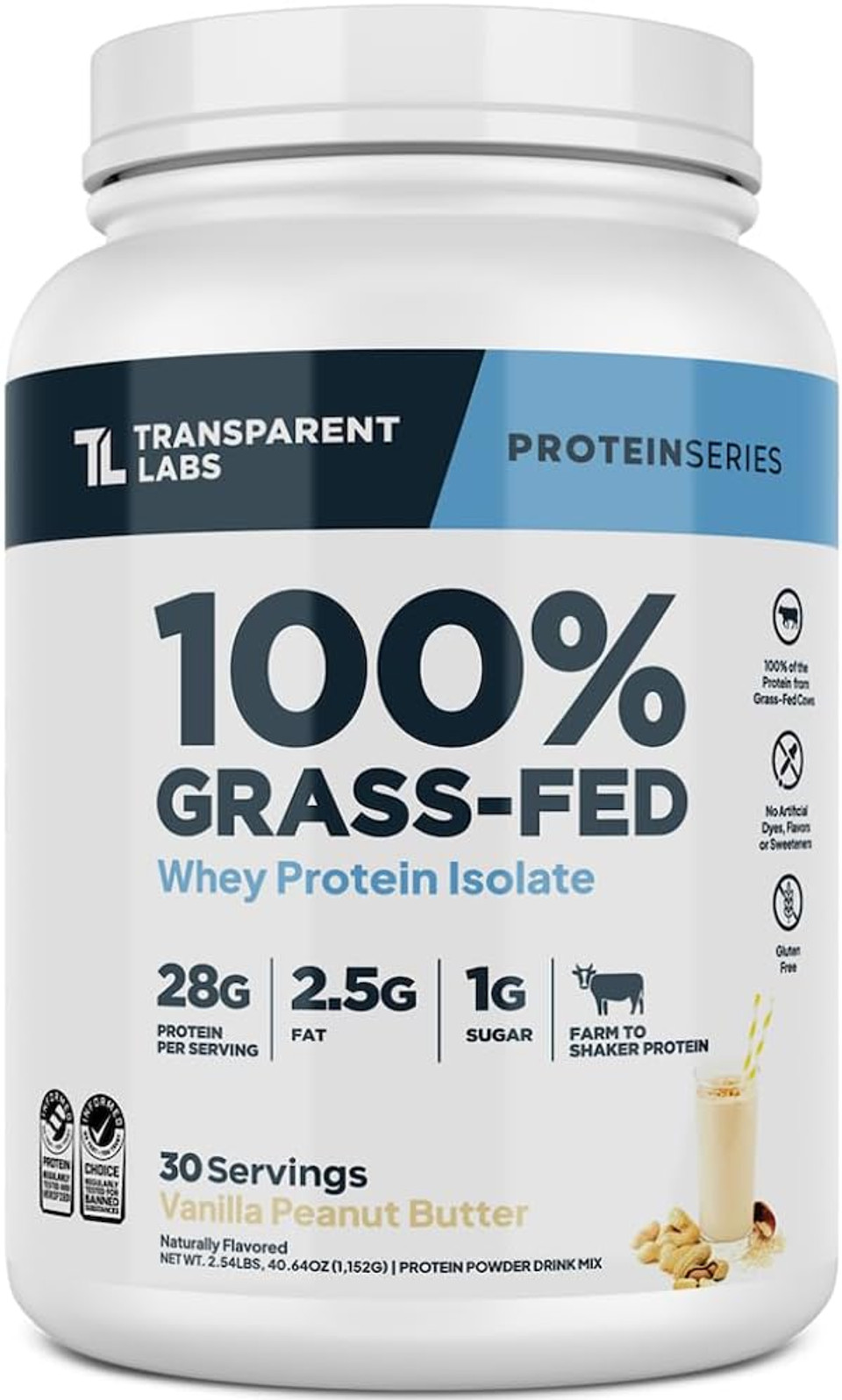 Transparent Labs Grass-Fed Whey Protein Isolate - Naturally Flavored, Gluten Free Whey Protein Powder With 28G Of Protein Per Serving & 9 Amino Acids - 30 Servings, Vanilla Peanut Butter