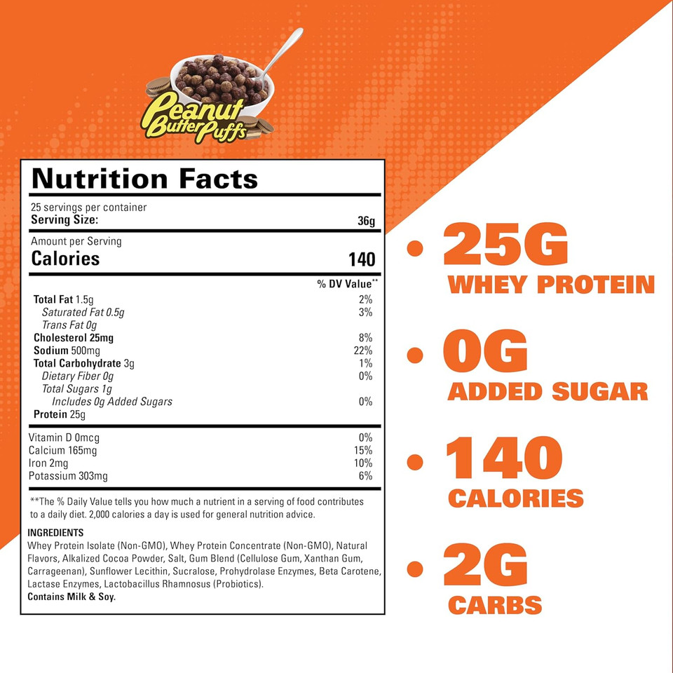 Ehp Labs Oxywhey Whey Protein Isolate Powder - 25G Of Whey Isolate Protein Powder, Meal Replacement Shake, Sugar Free Protein Powder - 25 Serves (Peanut Butter Puffs)