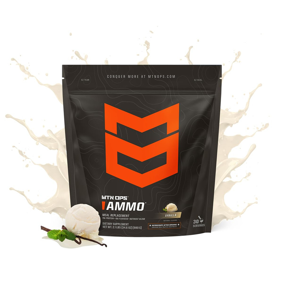 Mtn Ops Ammo Protein Powder Meal Replacement Shake For Lean Muscle Building, Strawberries & Cream Flavor, 28 Servings