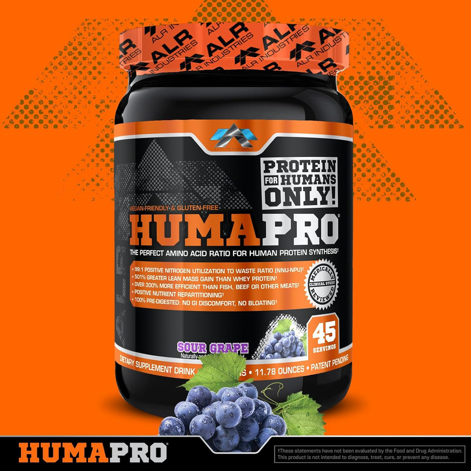 Humapro | Amino Acids Protein Matrix For Humans | 99% Utilization For Lean Muscle | Vegan, Gluten Free | 334G / 45 Servings (Sour Grape)