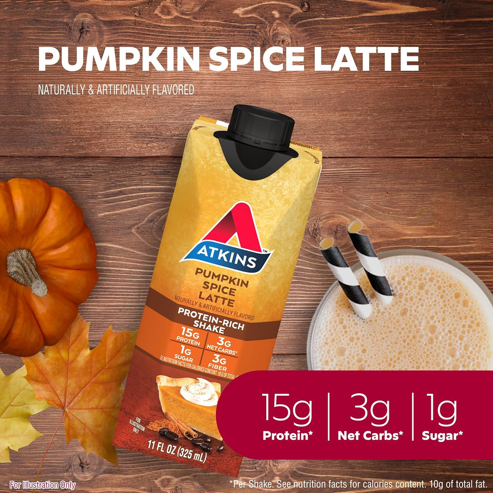 Atkins Pumpkin Spice Latte, 15G Protein, 3G Net Carbs, 1G Sugar, Low Glycemic, Keto Friendly, 12 Count