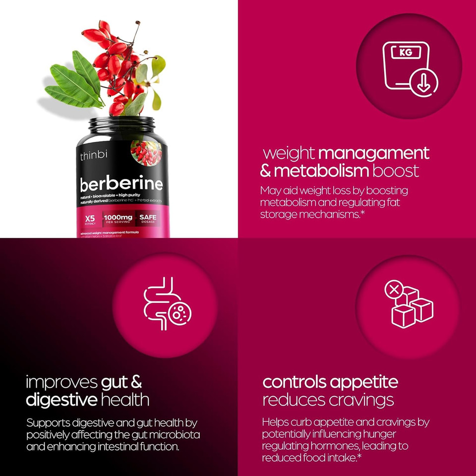 Berberine Supplement 1000Mg Potent Botanical Capsules For Weight Management With Bitter Melon And Banaba Leaf - Hcl From Barberry Extract- 30 Servings