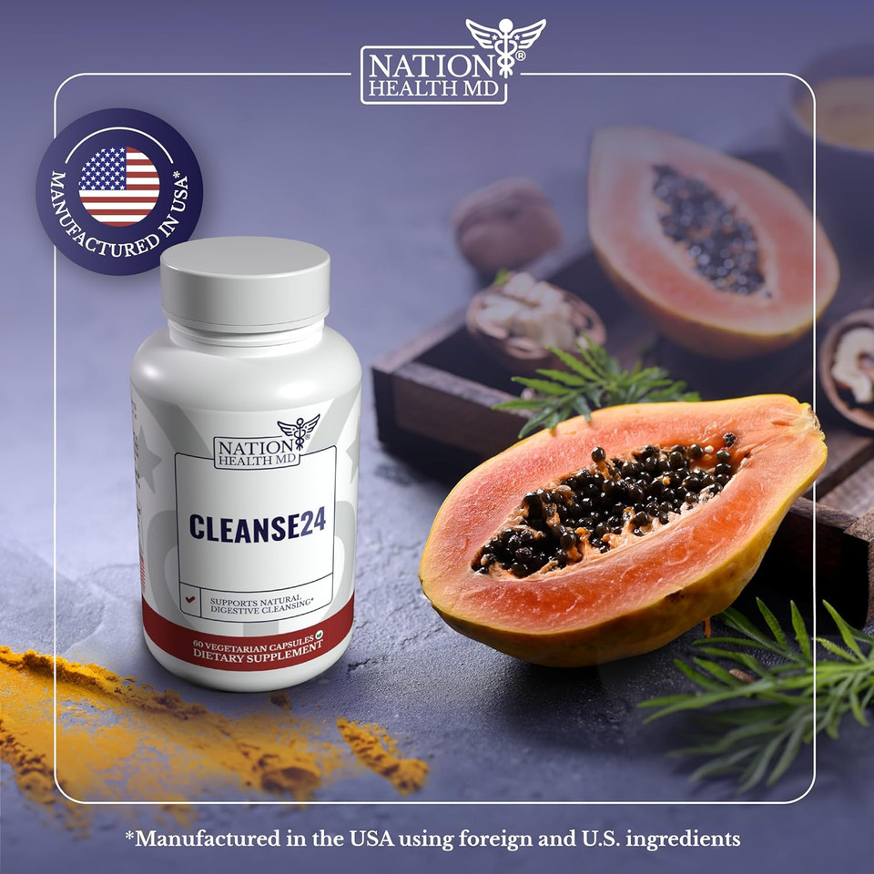 Cleanse24 - Intestinal Cleanse For Humans With Wormwood, Papaya, Black Walnut - Herbal Intestinal Cleanse, Gut Cleanse For Men & Women, 60 Capsules