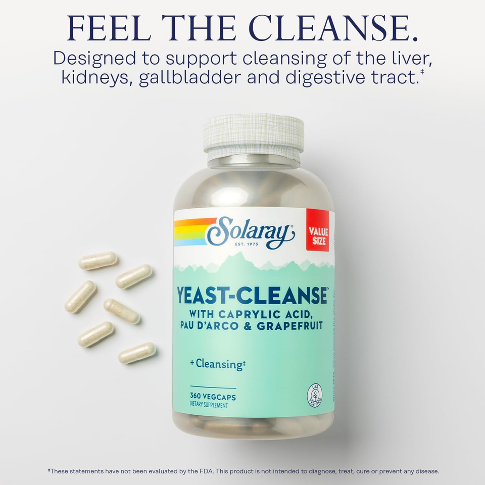 Solaray Yeast Cleanse, Detox Cleanse For Healthy Yeast Balance Support, With Caprylic Acid, Pau D'Arco, Licorice Root Extract And Grapefruit Seed Extract, 60-Day Guarantee, 60 Servings, 360 Vegcaps