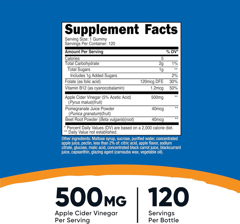 Nutricost Apple Cider Vinegar 500Mg, 120 Gummies, Apple Flavored - Gluten Free, Non-Gmo, No Corn Syrup