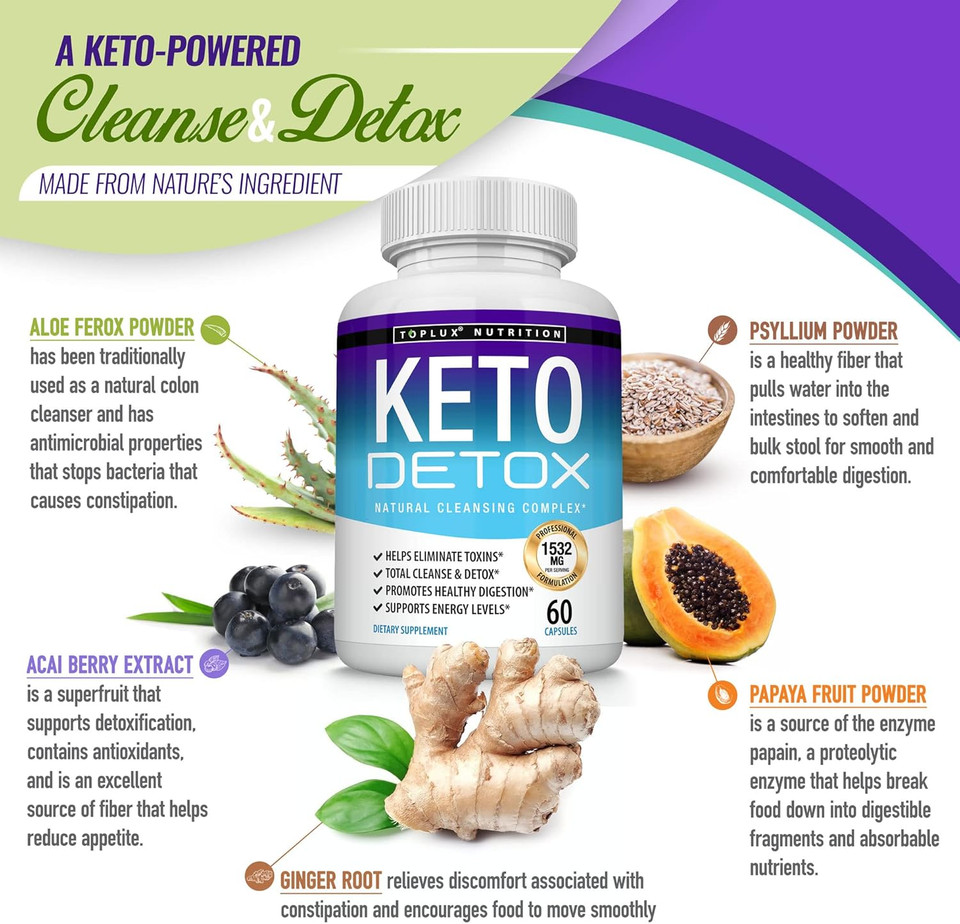 Toplux Keto Detox Pills Advanced Cleansing Extract  1532 Mg Natural Acai Colon Cleanser Formula, Flush Toxins & Excess Waste, For Men Women, 60 Capsules, Supplement