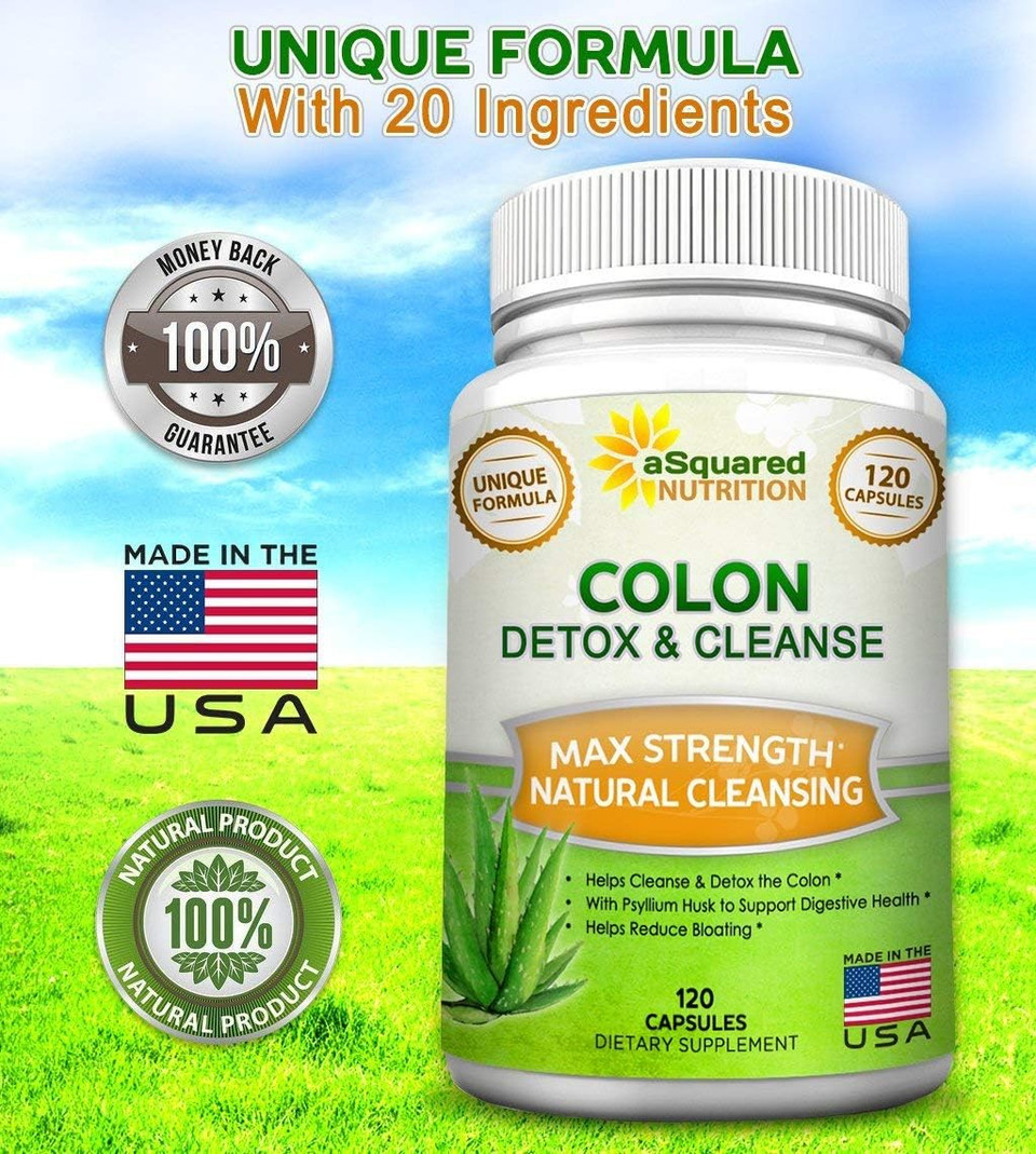 Asquared Nutrition Pure Colon Cleanse For Weight Loss - 120 Capsules, Max Strength, Natural Colon Detox Cleanser, Colon Cleansing Diet Supplement Blend For Digestive Health, Diet Pills For Men & Women