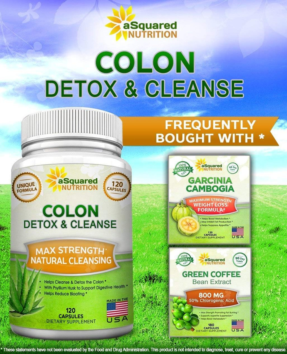 Asquared Nutrition Pure Colon Cleanse For Weight Loss - 120 Capsules, Max Strength, Natural Colon Detox Cleanser, Colon Cleansing Diet Supplement Blend For Digestive Health, Diet Pills For Men & Women