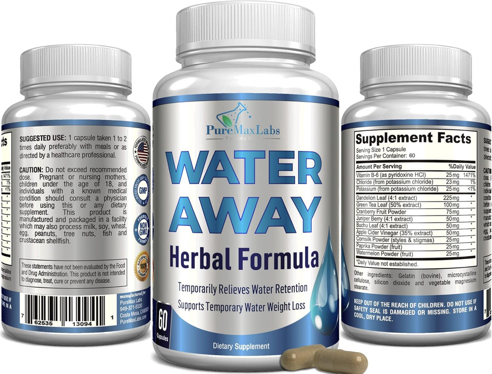 Water Away Gentle Herbal Diuretic - Natural Diuretic Water Pills - Relieve Bloating, Reduce Excess Water Weight With Dandelion Leaf, Green Tea, Detox Cleanse & Urinary Health. Non-Gmo, 60 Capsules