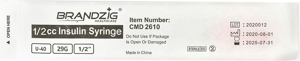Brandzig U-40 Pet Insulin Syringes 29G 1/2Cc, 1/2" 100-Pack