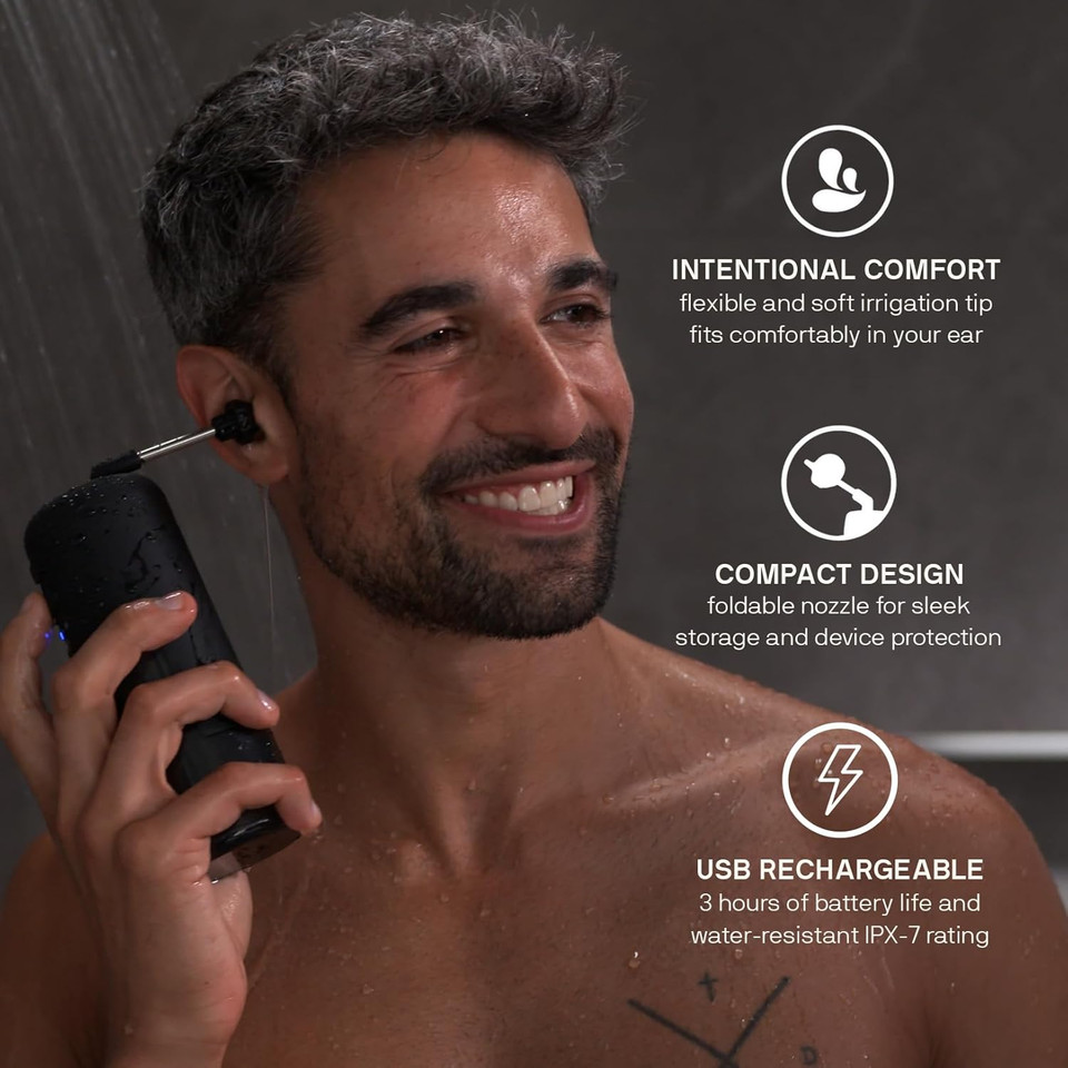 Wush Pro By Black Wolf - The Original Deluxe Water Powered Ear Cleaner With 6 Reusable Replacement Tips By Black Wolf - Safe & Effective For Ear Wax Buildup - Electric Ear Wax Removal Kit (Black)