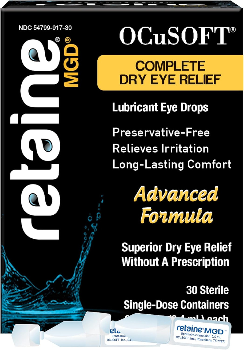 Ocusoft Retaine Mgd Ophthalmic Emulsion - Complete Dry Eye Relief - Soothes Red & Irritated Eyes - 30 Count Preservative-Free Single-Use Containers - 0.01 Fl Oz