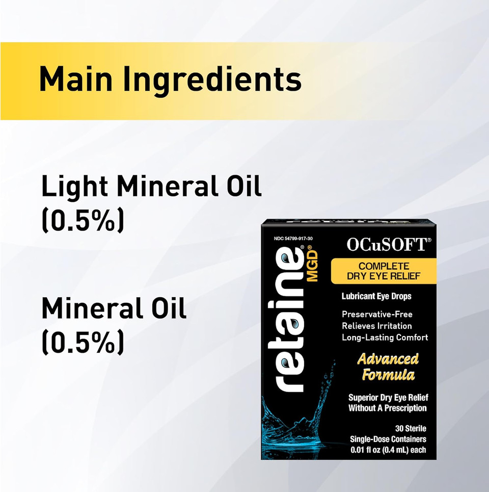 Ocusoft Retaine Mgd Ophthalmic Emulsion - Complete Dry Eye Relief - Soothes Red & Irritated Eyes - 30 Count Preservative-Free Single-Use Containers - 0.01 Fl Oz