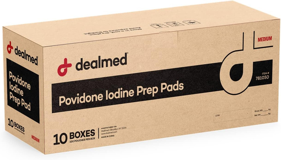 Dealmed Povidone Iodine Prep Pad 10% - Individually Sealed Packets Perfect For Wound Care And Portable First Aid Kits, 100/Box (Case Of 10)