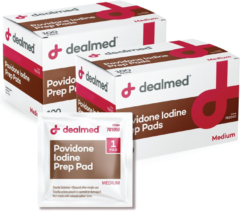 Dealmed Povidone Iodine Prep Pad 10% - Individually Sealed Packets Perfect For Wound Care And Portable First Aid Kits, 100/Box (Case Of 10)