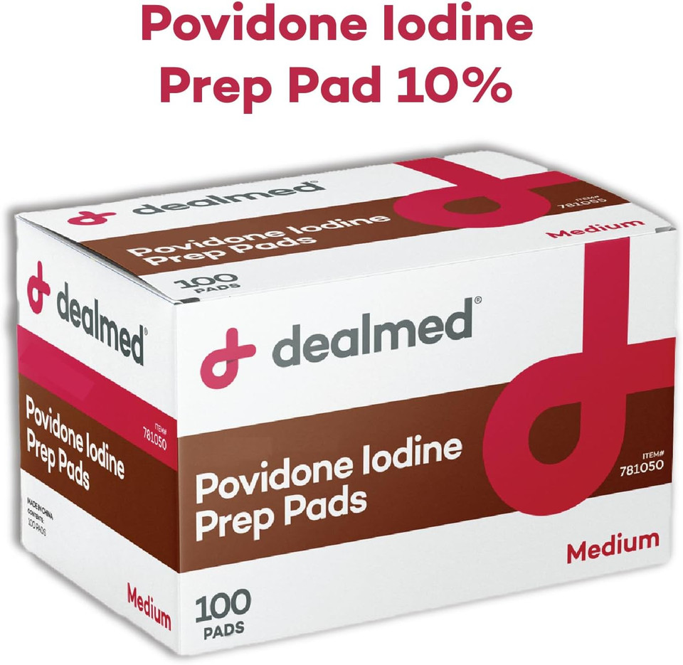 Dealmed Povidone Iodine Prep Pad 10% - Individually Sealed Packets Perfect For Wound Care And Portable First Aid Kits, 100/Box (Case Of 10)