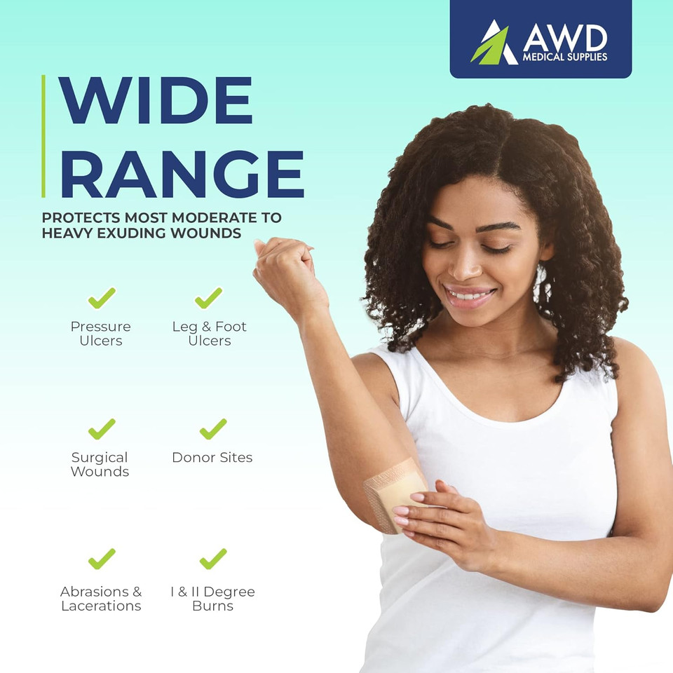 Awd Medical Bordered Silicone Foam Dressing - Bedsore Bandages - Absorbent, Waterproof Silicone Bandages, Large Bandages For Wounds, Wound Dressing First Aid Bandage For Wound Care - 10 Pack - 4" X 4"
