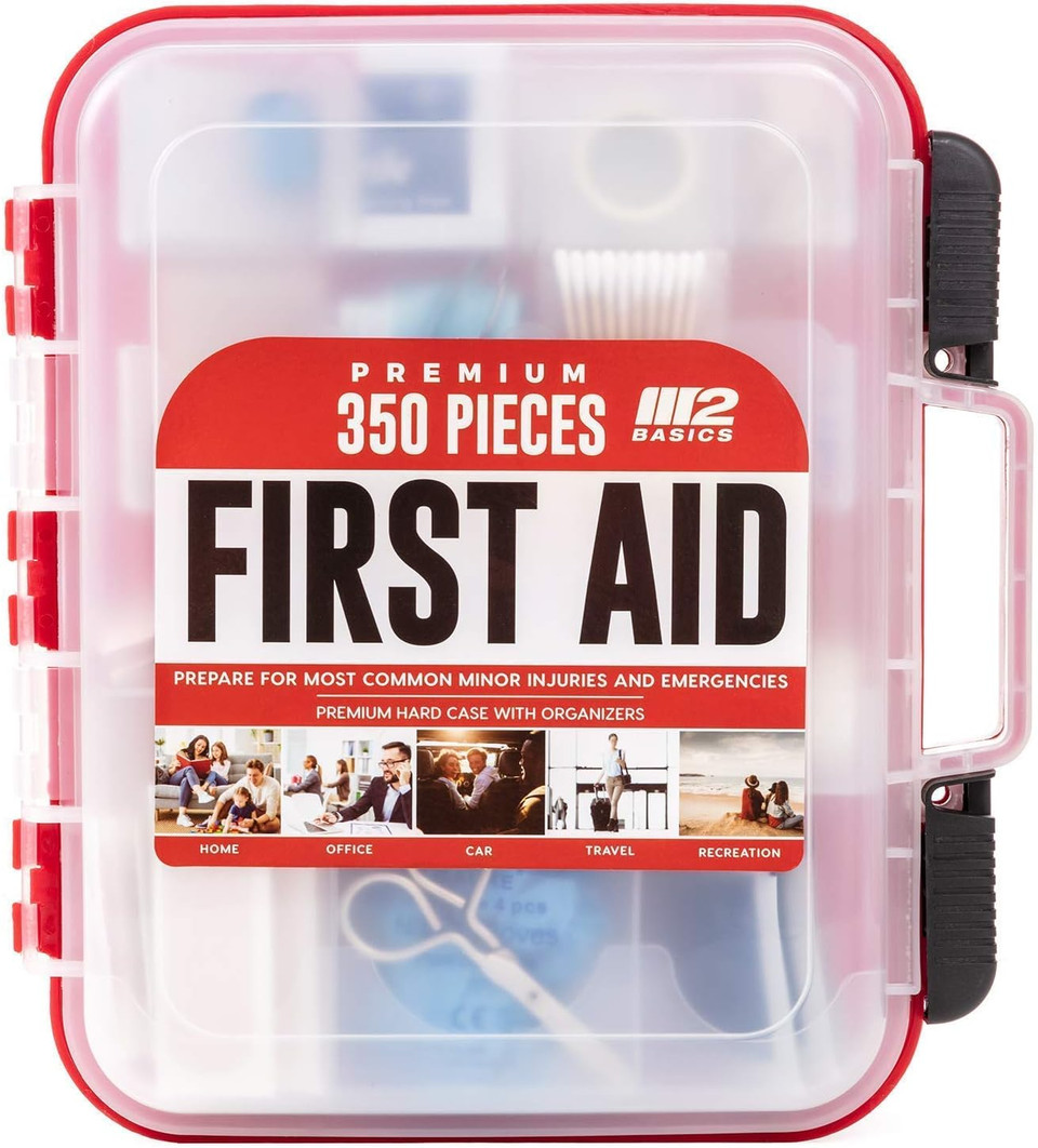 M2 Basics Professional 350 Piece First Aid Kit | Hard Case, Dual Layer, Wall Mountable | First Aid Kit For Business, Home, Car | Emergency Kit, Emergency Medical Kit