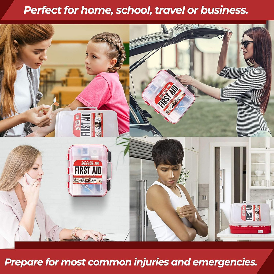M2 Basics Professional 350 Piece First Aid Kit | Hard Case, Dual Layer, Wall Mountable | First Aid Kit For Business, Home, Car | Emergency Kit, Emergency Medical Kit