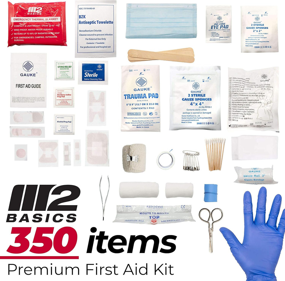M2 Basics Professional 350 Piece First Aid Kit | Hard Case, Dual Layer, Wall Mountable | First Aid Kit For Business, Home, Car | Emergency Kit, Emergency Medical Kit