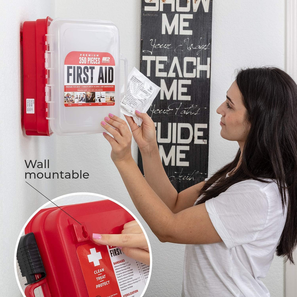 M2 Basics Professional 350 Piece First Aid Kit | Hard Case, Dual Layer, Wall Mountable | First Aid Kit For Business, Home, Car | Emergency Kit, Emergency Medical Kit