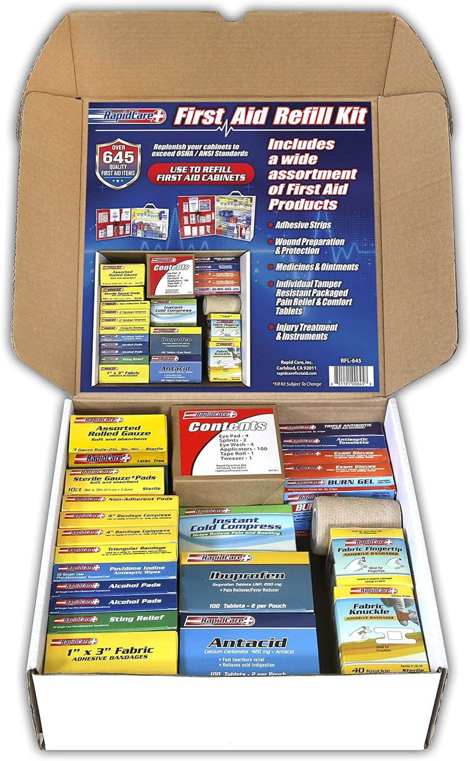 Rapid Care First Aid 93645 Refill Kit For 3 Shelf First Aid Cabinet, 643 Pieces, For Over 75 People
