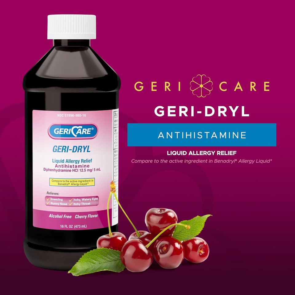 Gericare Geri-Dryl Diphenhydramine Hci Solution - Antihistamine Liquid Multi-Symptom Allergy Relief Formula - Relieves Sneezing Runny Nose, Watery, Itchy Eyes & Throat, 16 Fl Oz (Pack Of 1)